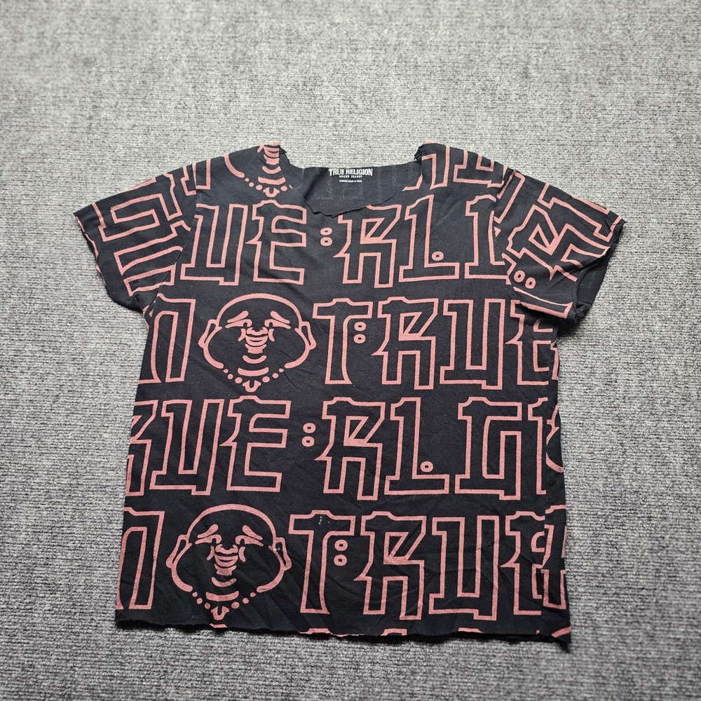 True Religion Buddha All Over Print Cut Off Raw Hem Tee Black Pink Medium